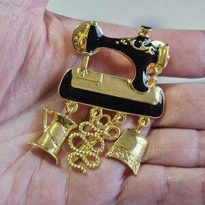Vintage Gold Tone Metal and Black Enamel Sewing Machine Pin with Charms Brooch